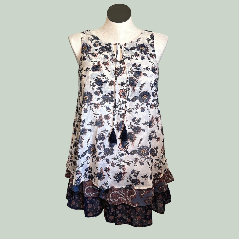 Xhilaration Tunic Tank Top Med Cream Floral Tiered Tassels Whimsi Layering Boho
